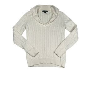 Lauren Ralph Lauren Womens Size Medium Cotton Ivory V Neck Cable Knit Sweater